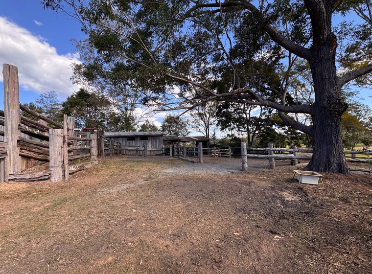 Timber stockyards and rails beside the barn