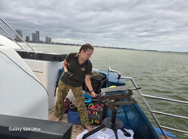Laser clay shooting run from a vessel on the water