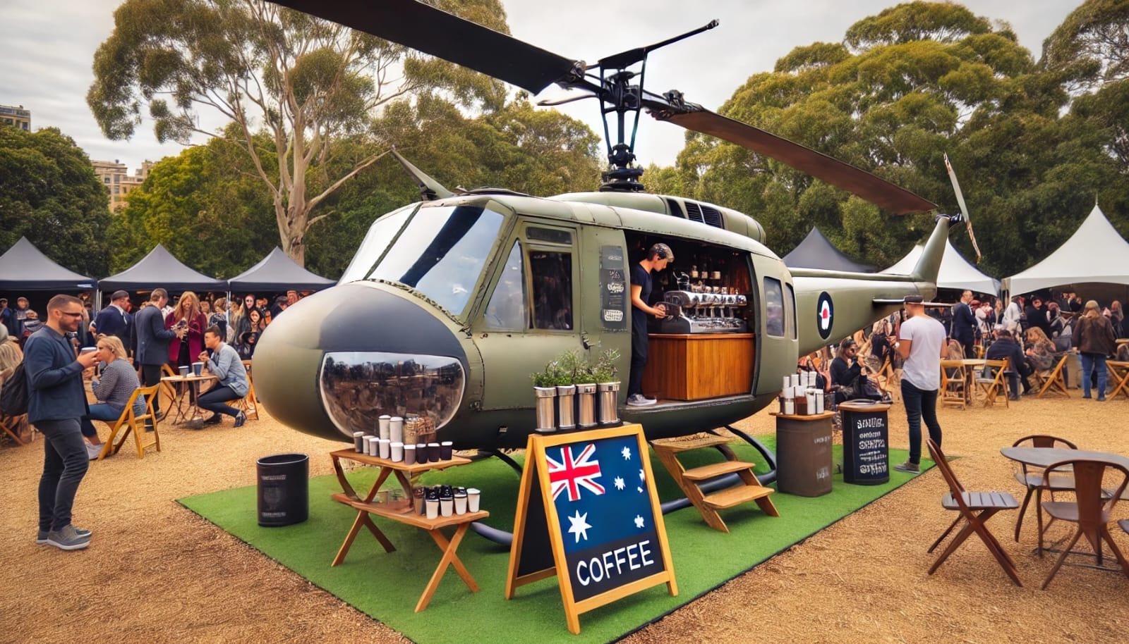 The UH-1H Huey set up as a bar and photo booth at an outdoor event