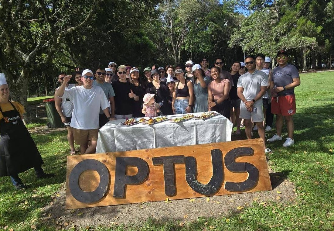 A corporate group at a team-building day